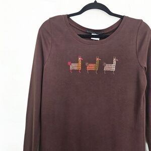 NWT Peruvian Connection Embroidered Llama Alpaca Brown Top, S